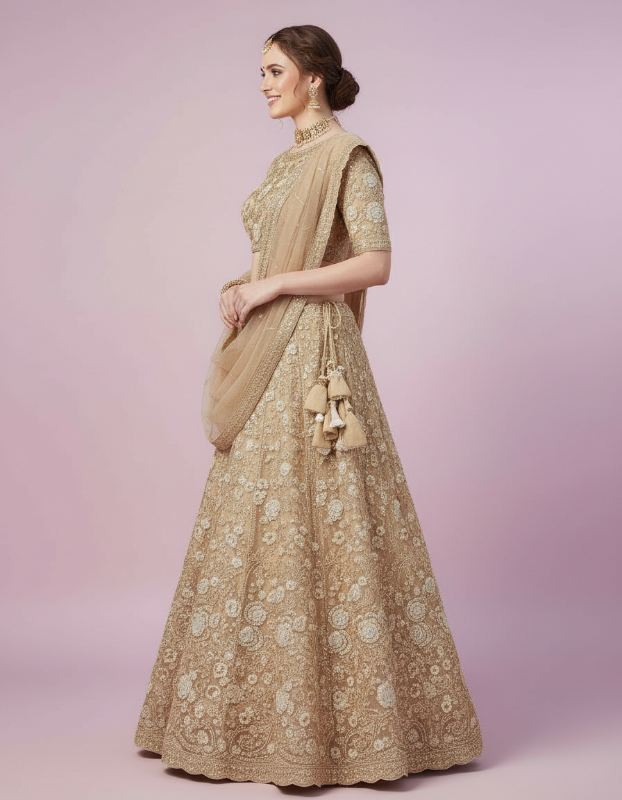 Gold Floral Zardosi Lehenga with Scalloped Borders view 2
