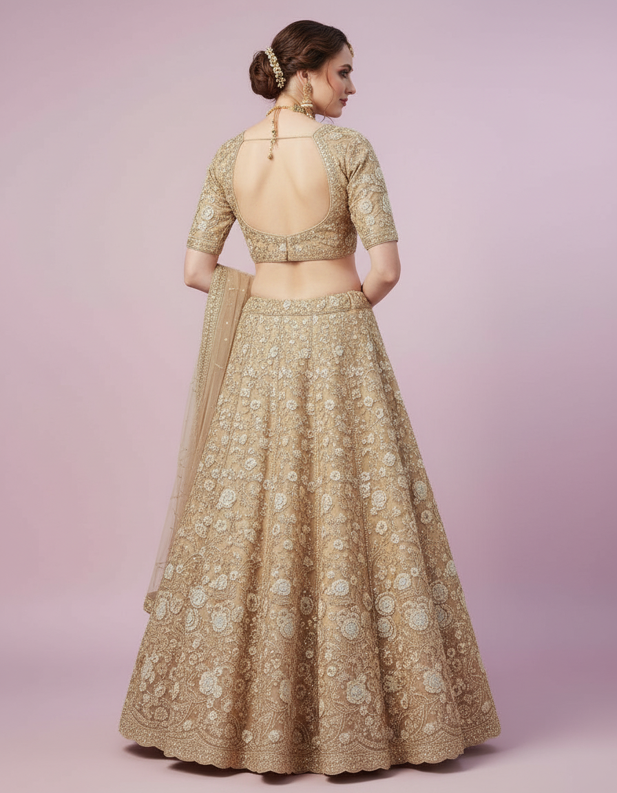 Gold Floral Zardosi Lehenga with Scalloped Borders view 3