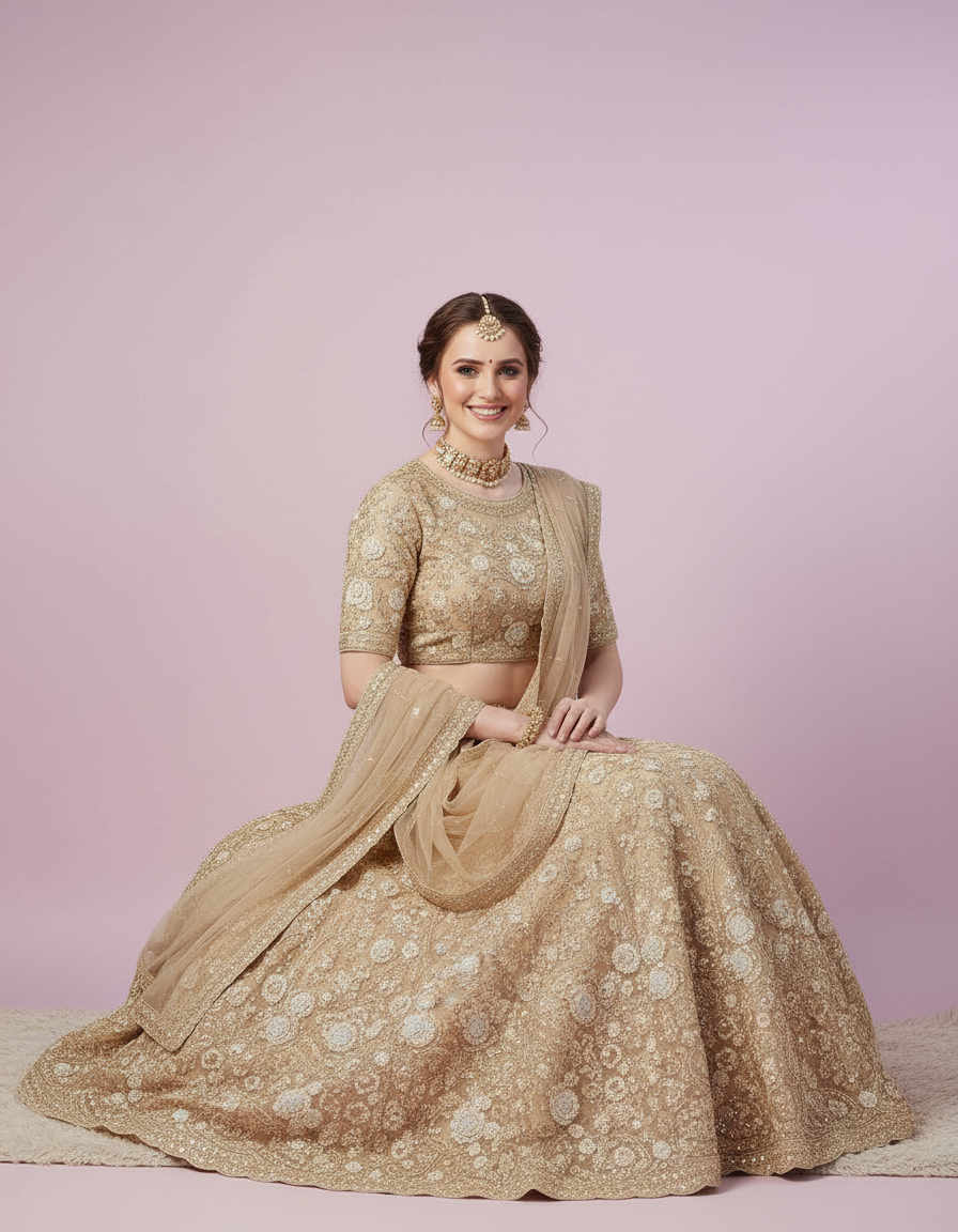 Gold Floral Zardosi Lehenga with Scalloped Borders view 7