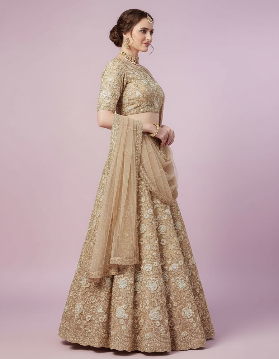 Gold Floral Zardosi Lehenga with Scalloped Borders view 4