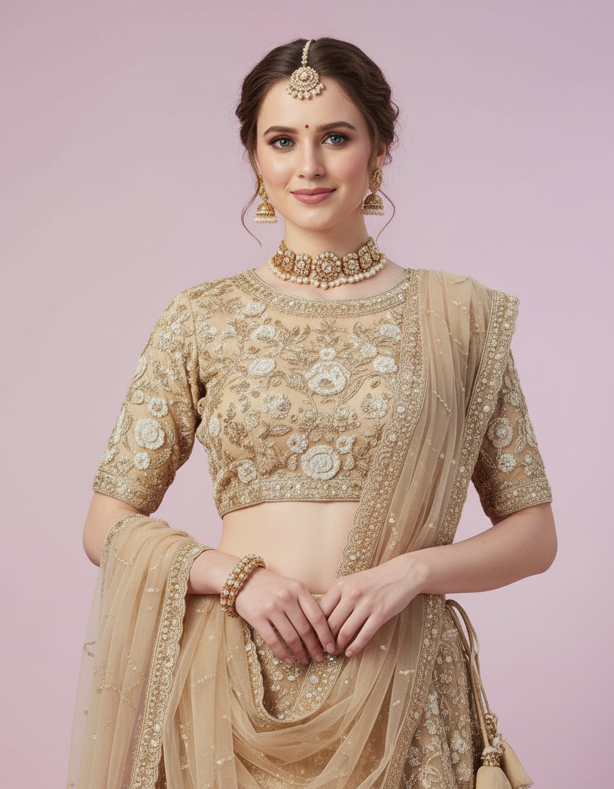Gold Floral Zardosi Lehenga with Scalloped Borders view 5
