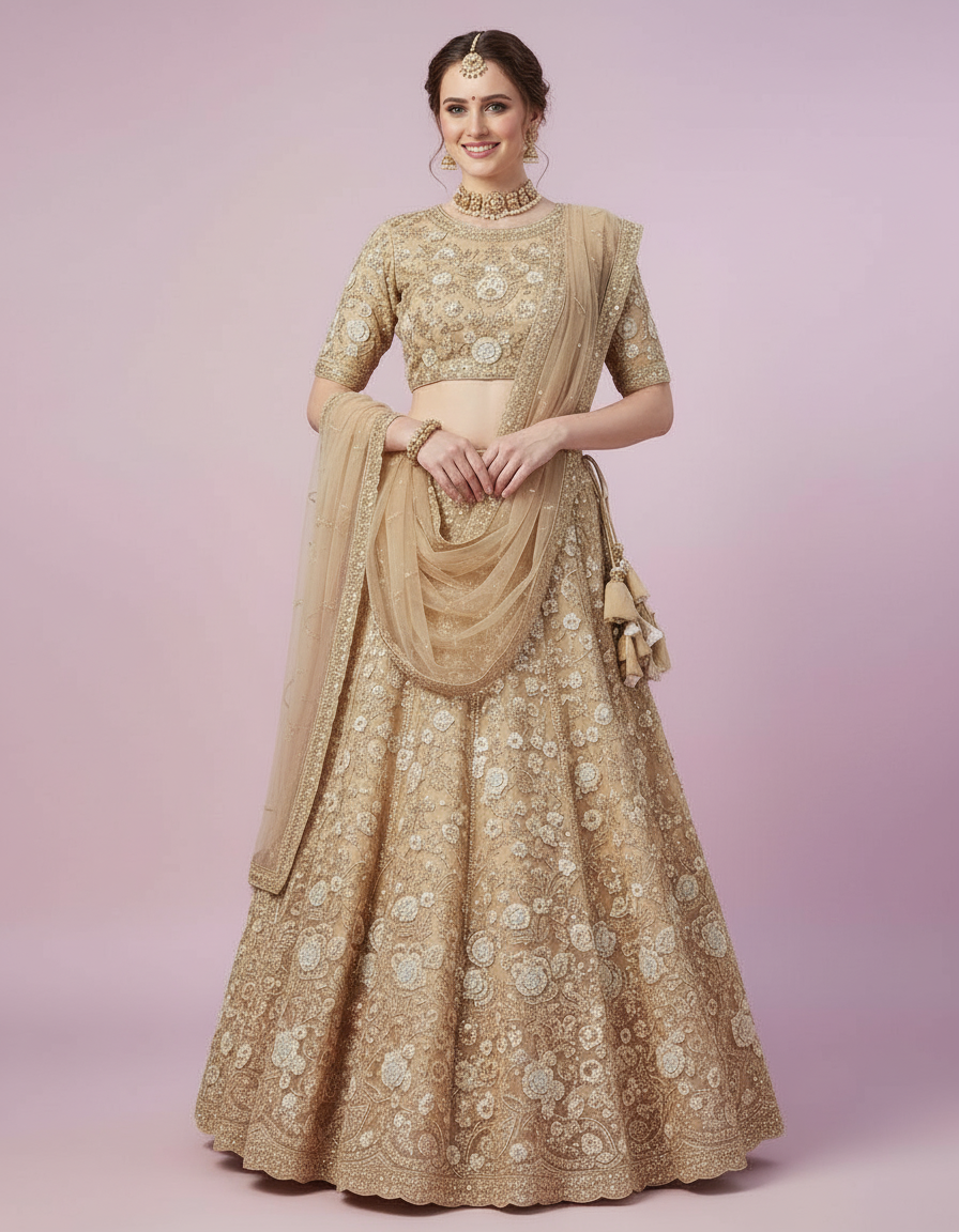 Gold Floral Zardosi Lehenga with Scalloped Borders