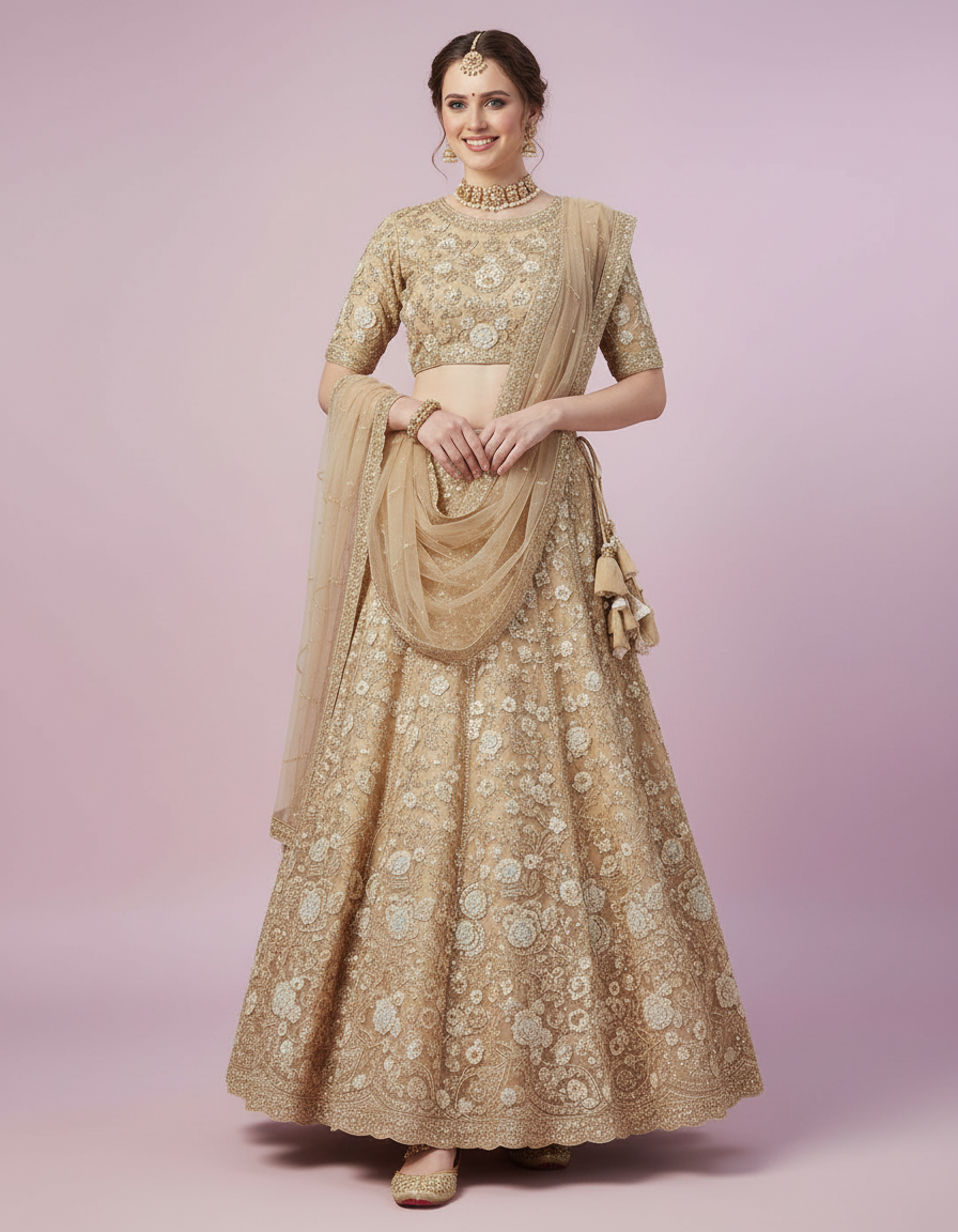Gold Floral Zardosi Lehenga with Scalloped Borders view 6