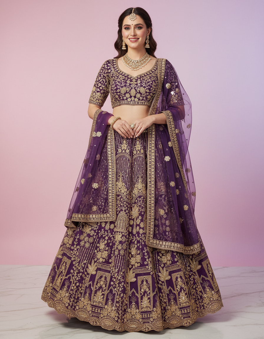 Deep Plum Lehenga with Intricate Gold Architectural Work view 8