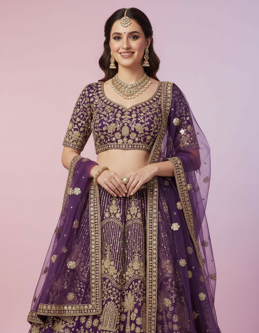 Deep Plum Lehenga with Intricate Gold Architectural Work view 5