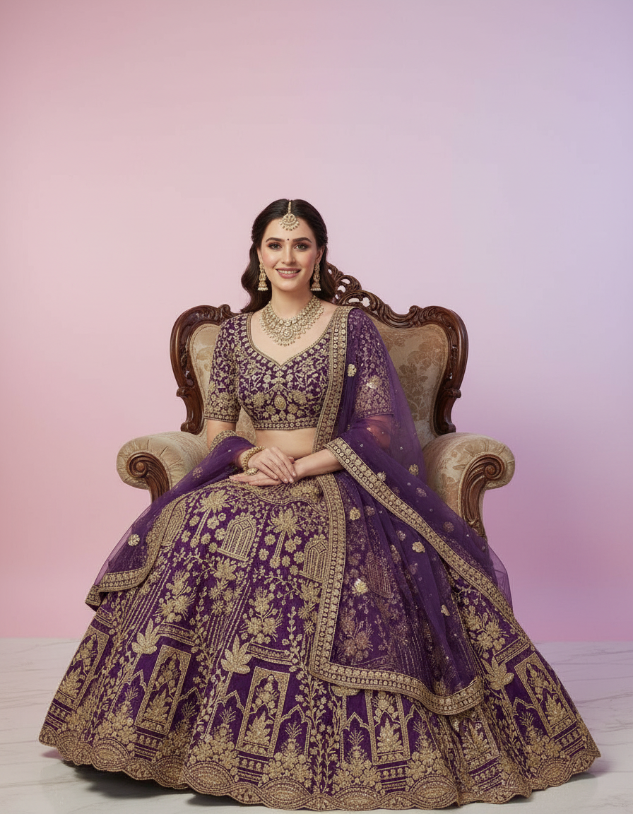 Deep Plum Lehenga with Intricate Gold Architectural Work view 7