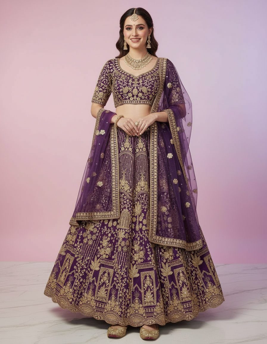 Deep Plum Lehenga with Intricate Gold Architectural Work view 6