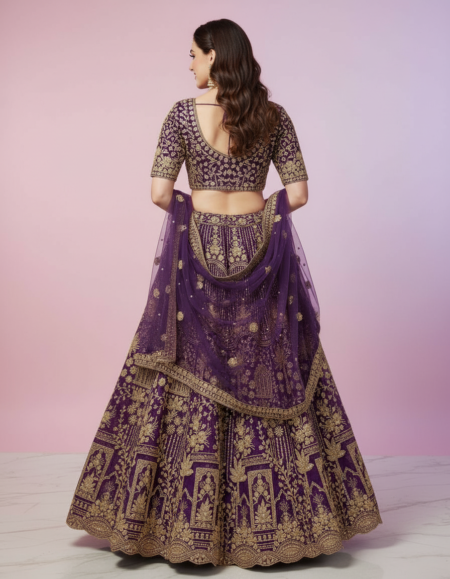 Deep Plum Lehenga with Intricate Gold Architectural Work view 3