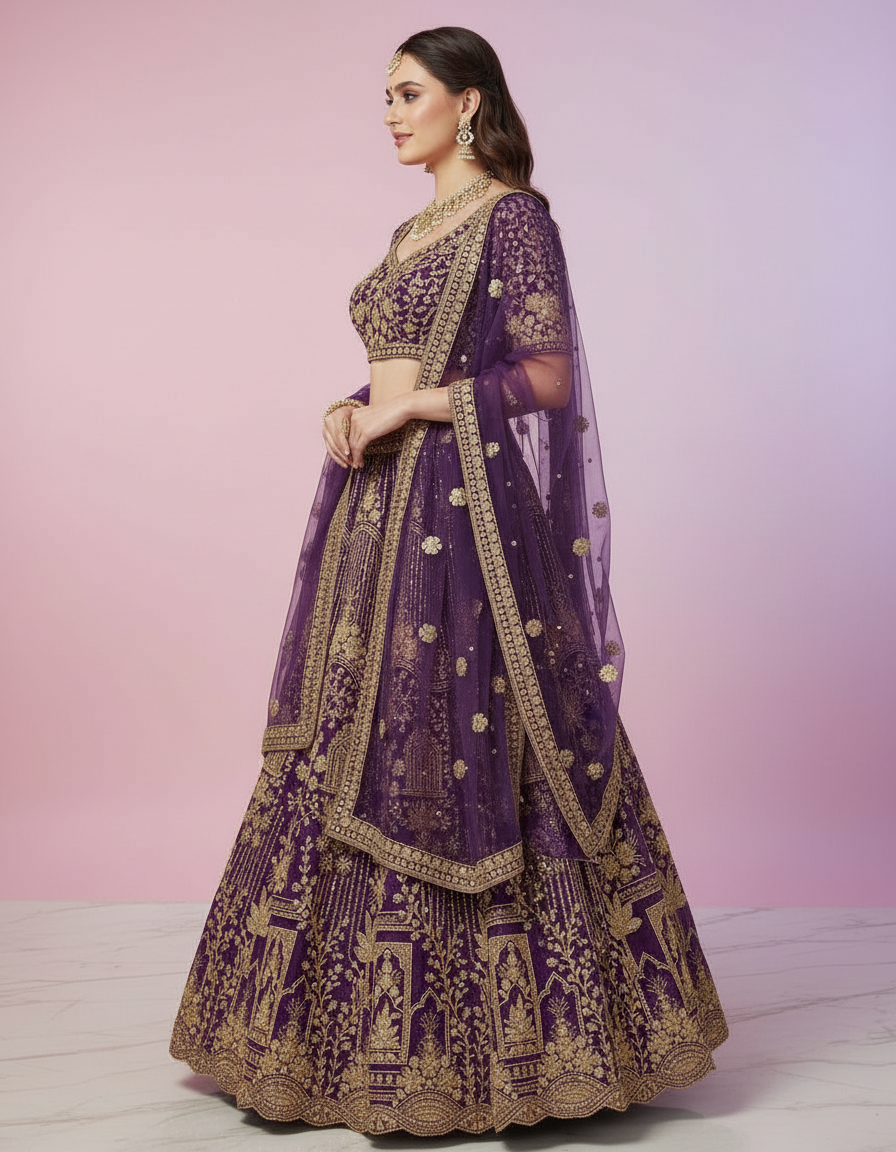 Deep Plum Lehenga with Intricate Gold Architectural Work view 2