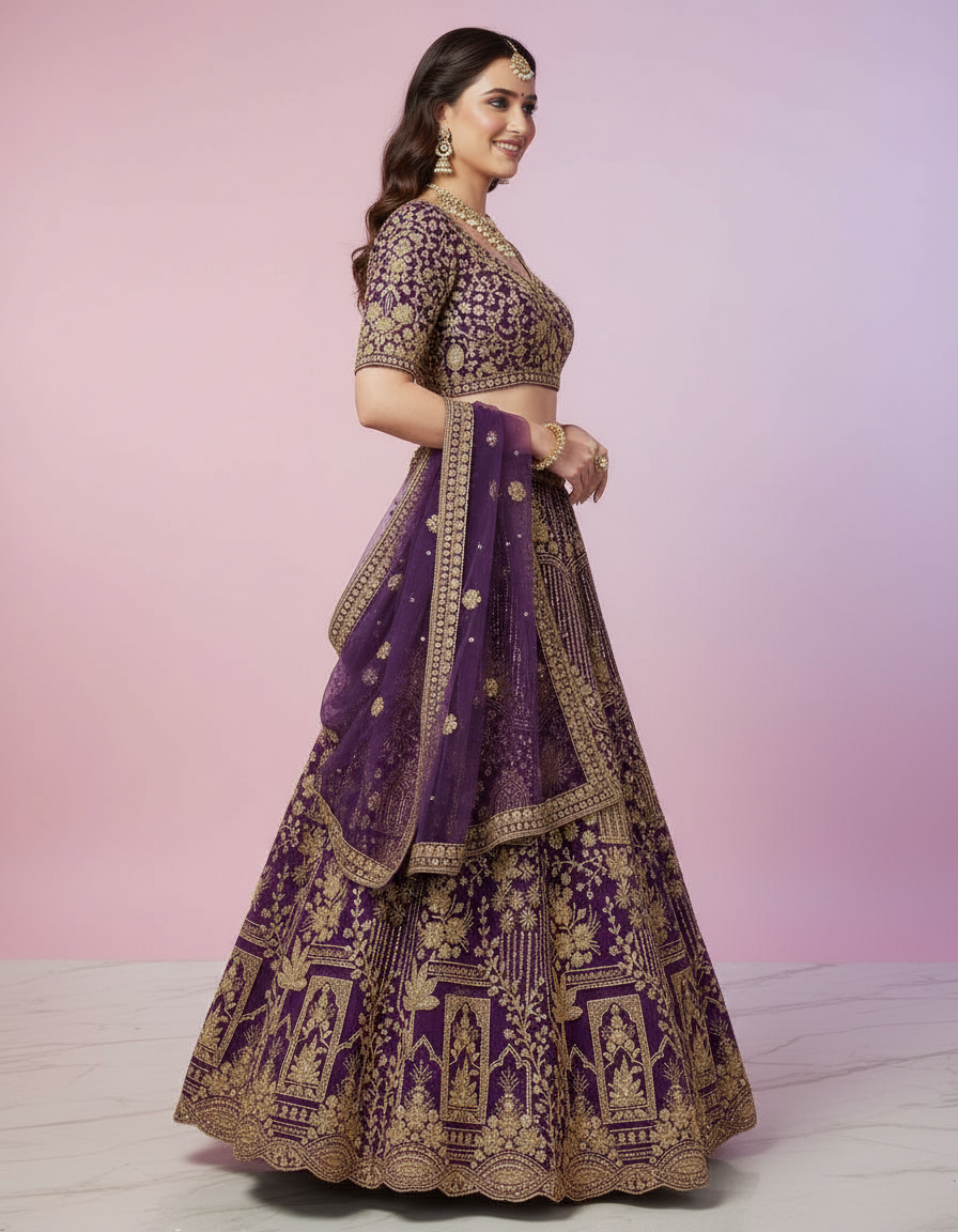 Deep Plum Lehenga with Intricate Gold Architectural Work view 4