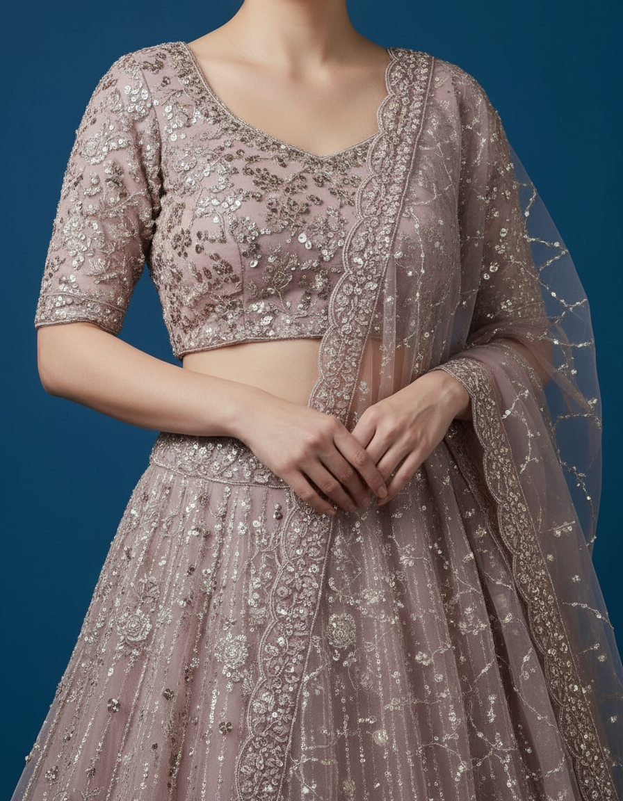 Vibrant Heritage: Pastel Multi-Tone Lehenga with Scalloped Dupatta view 6