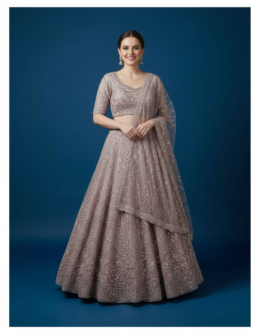 Vibrant Heritage: Pastel Multi-Tone Lehenga with Scalloped Dupatta