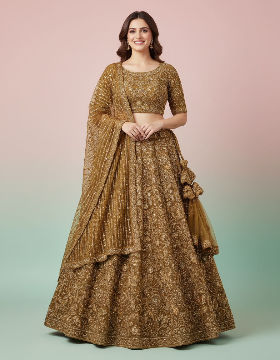 Ethereal Multi-Tone Paneled Lehenga in Sage & Rose view 8
