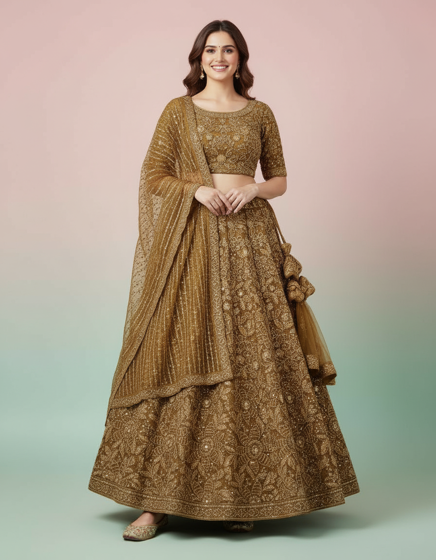 Ethereal Multi-Tone Paneled Lehenga in Sage & Rose view 6