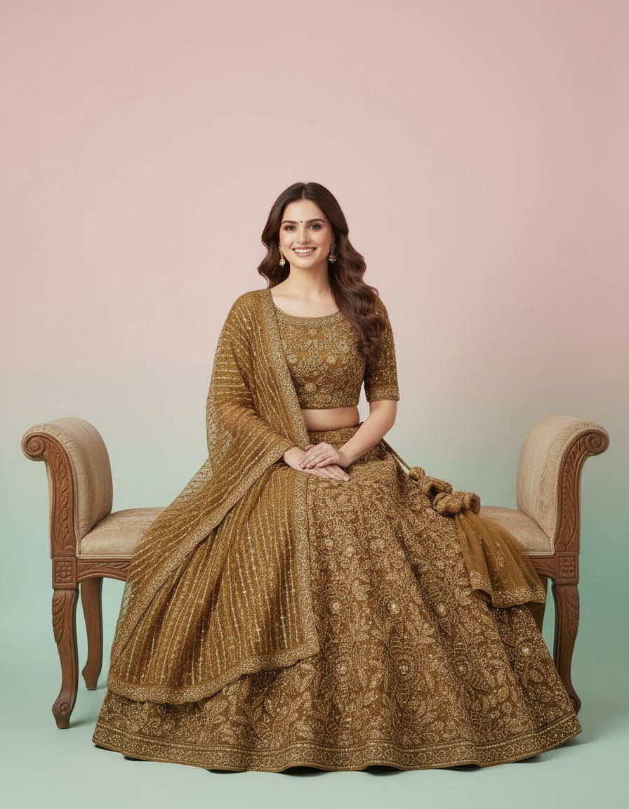 Ethereal Multi-Tone Paneled Lehenga in Sage & Rose view 7