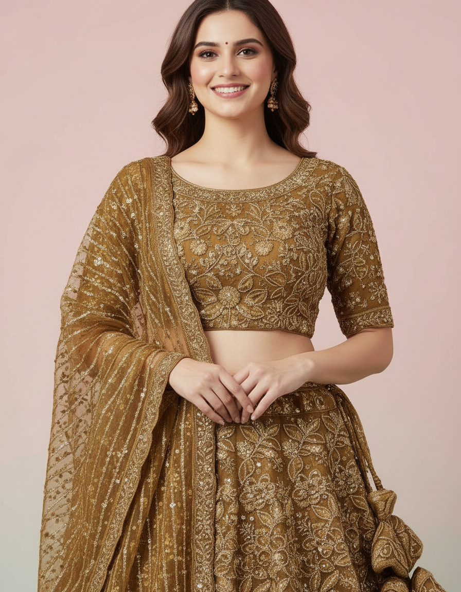 Ethereal Multi-Tone Paneled Lehenga in Sage & Rose view 5