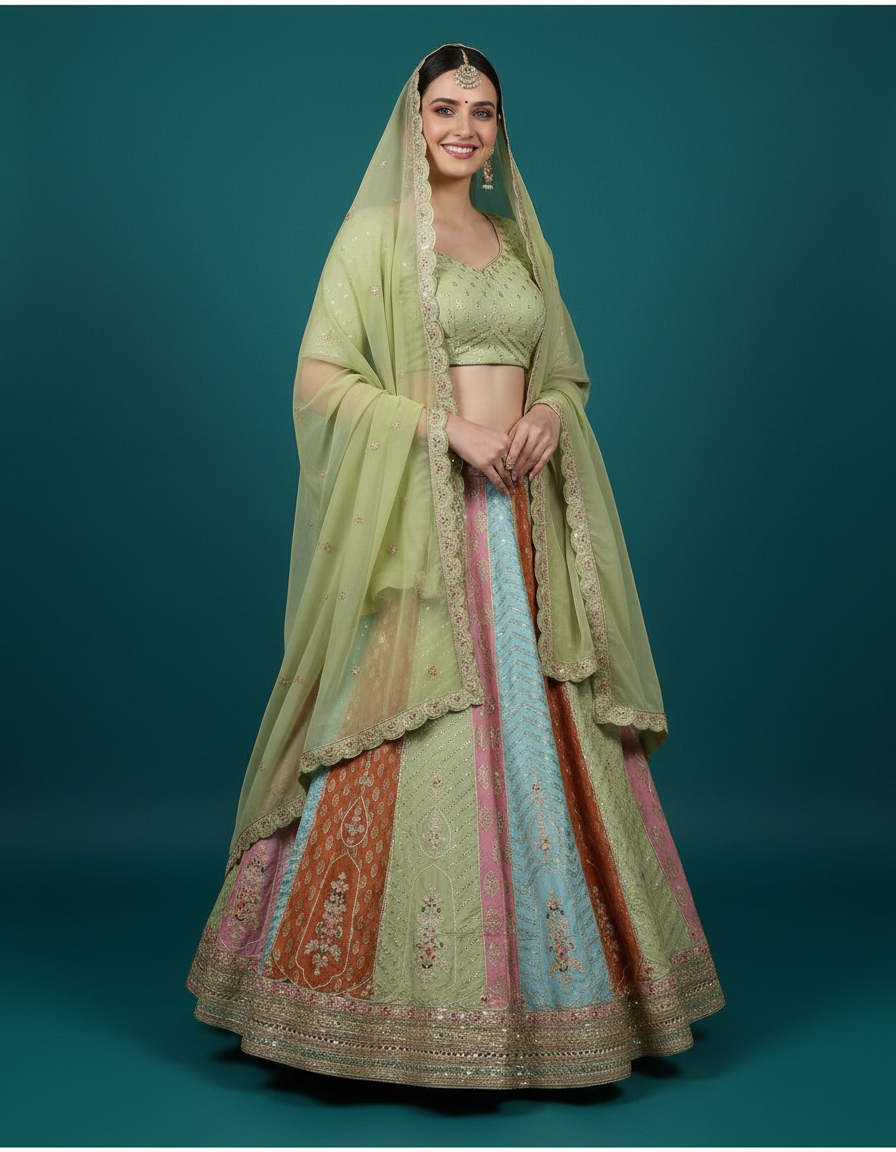 Multicolor Magic: Paneled Silk Lehenga in Sage, Coral, and Sky Blue view 8