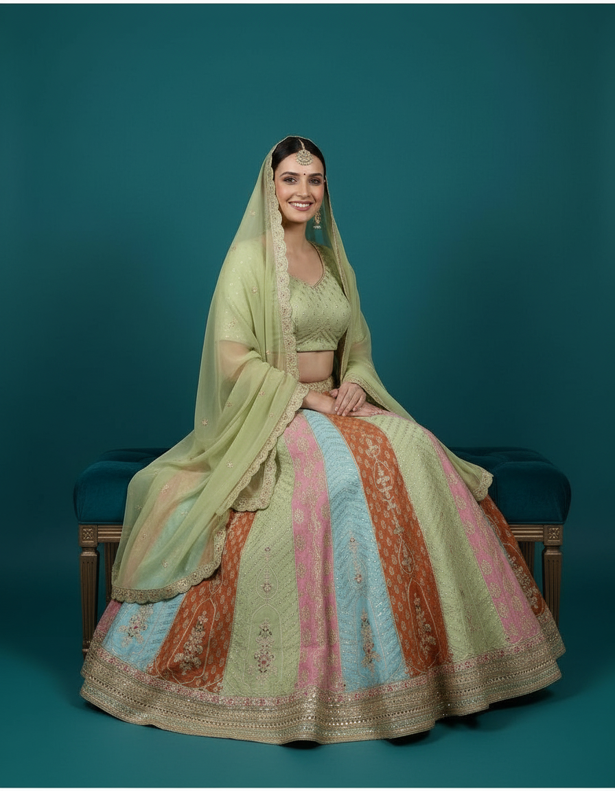 Multicolor Magic: Paneled Silk Lehenga in Sage, Coral, and Sky Blue view 7