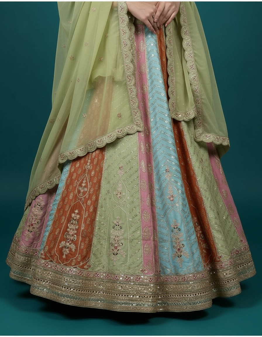 Multicolor Magic: Paneled Silk Lehenga in Sage, Coral, and Sky Blue view 5