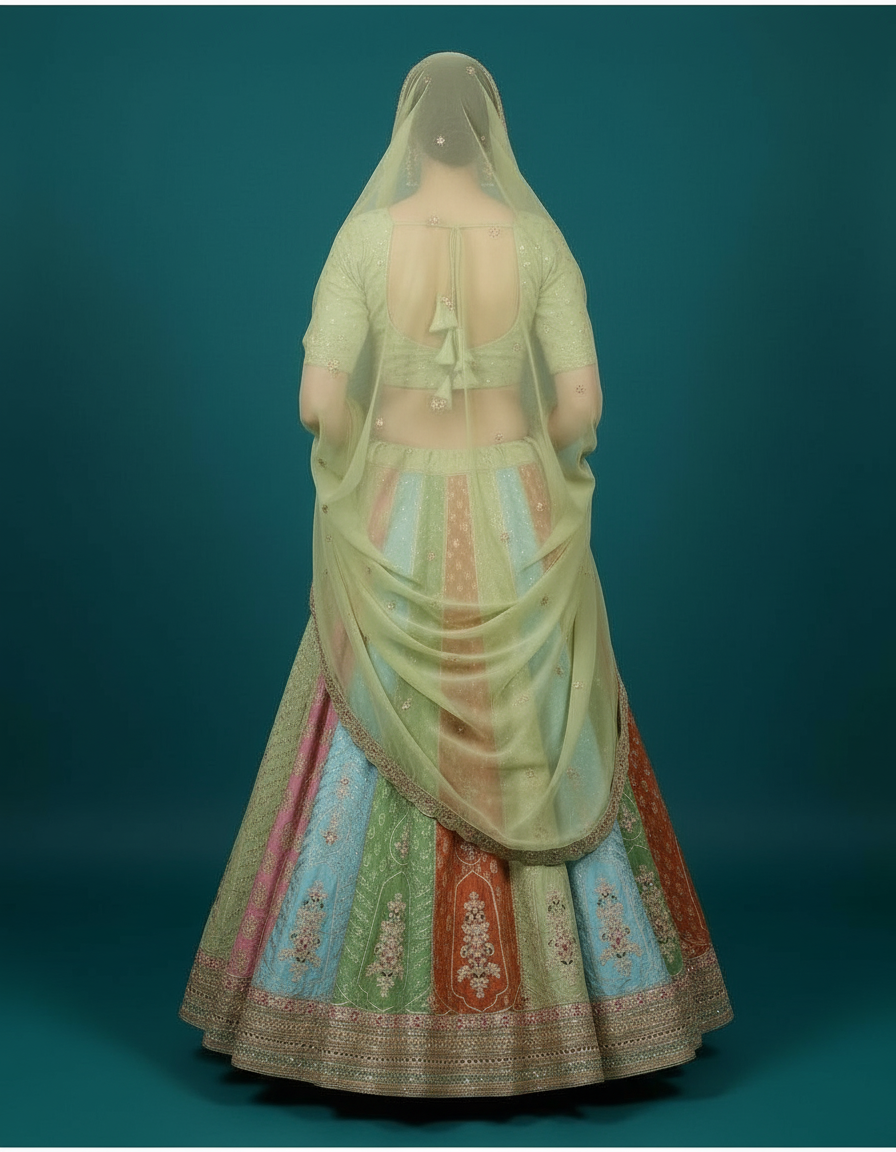 Multicolor Magic: Paneled Silk Lehenga in Sage, Coral, and Sky Blue view 3