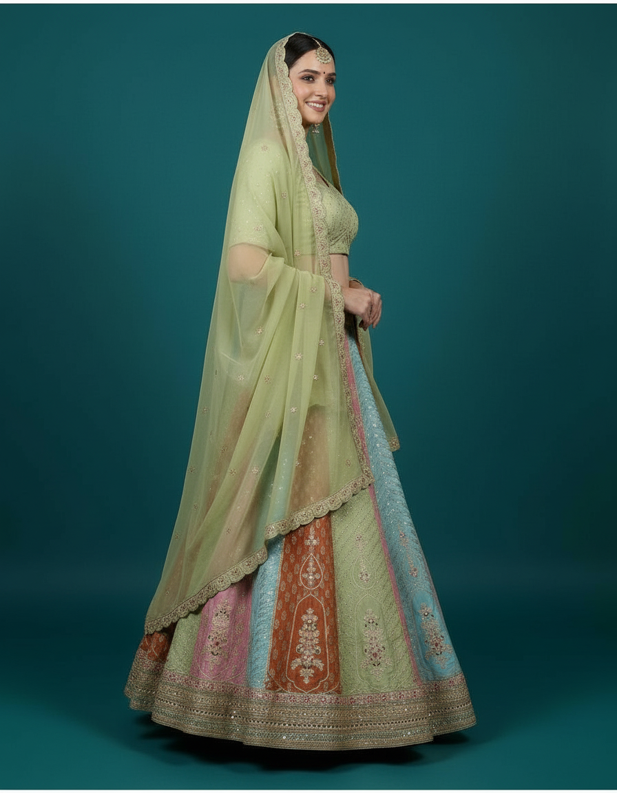 Multicolor Magic: Paneled Silk Lehenga in Sage, Coral, and Sky Blue view 4