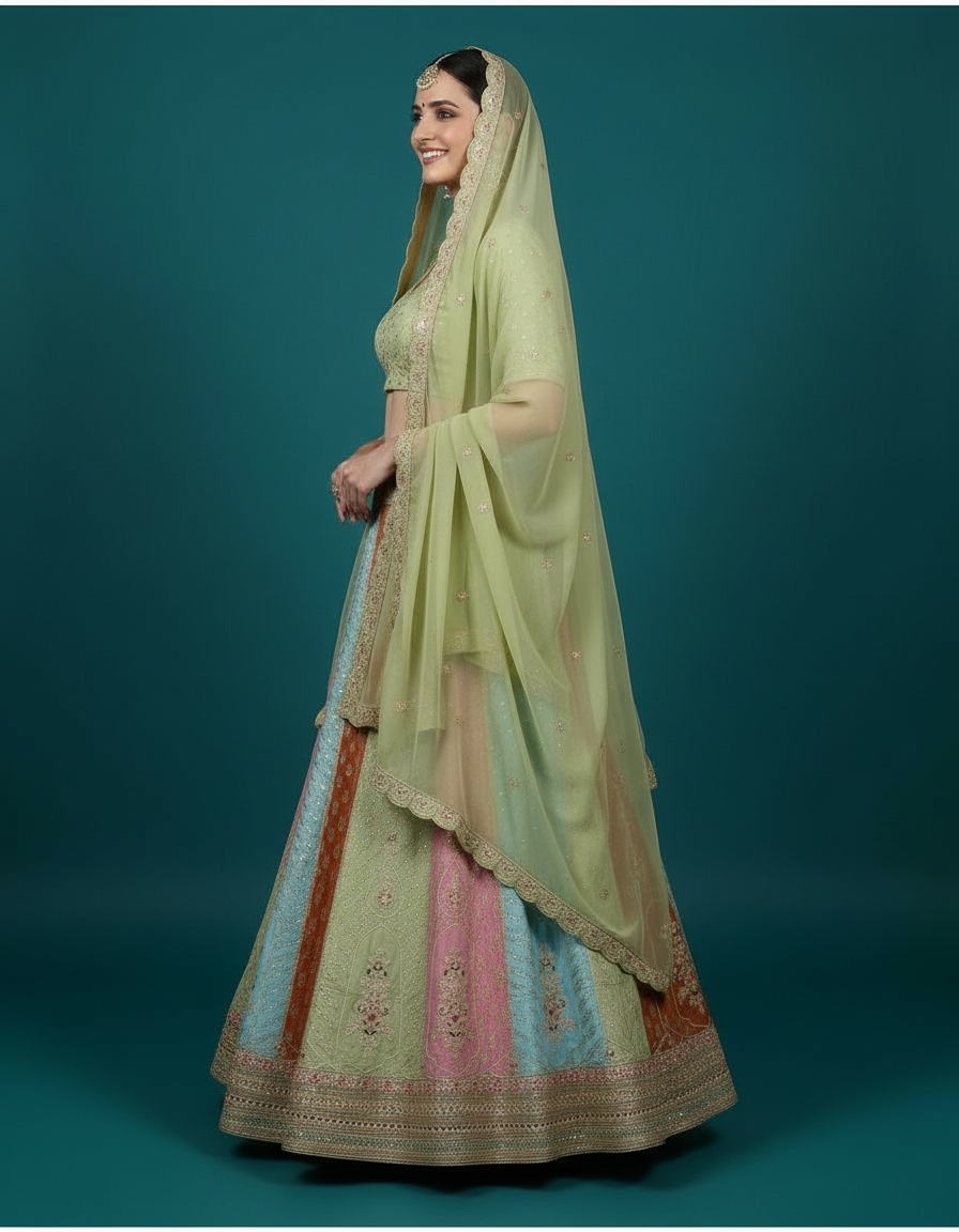 Multicolor Magic: Paneled Silk Lehenga in Sage, Coral, and Sky Blue view 2