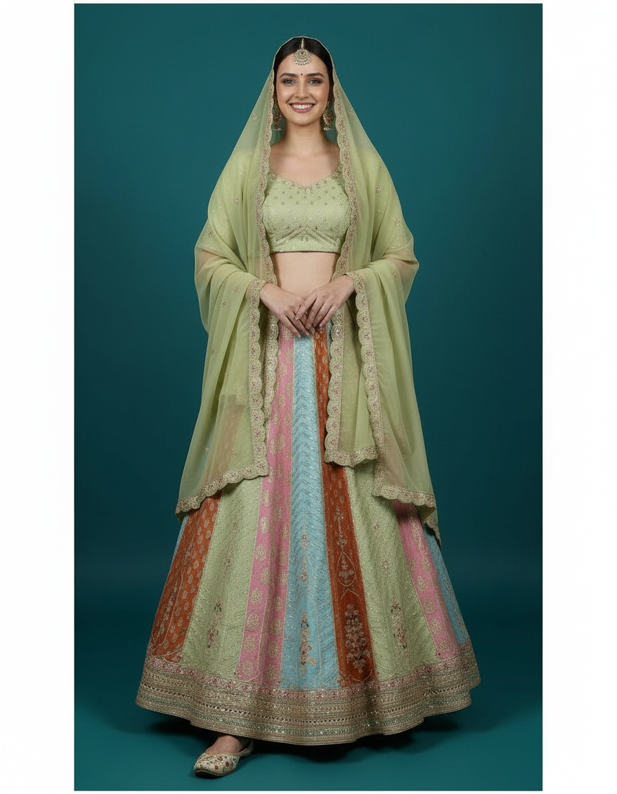 Multicolor Magic: Paneled Silk Lehenga in Sage, Coral, and Sky Blue view 6