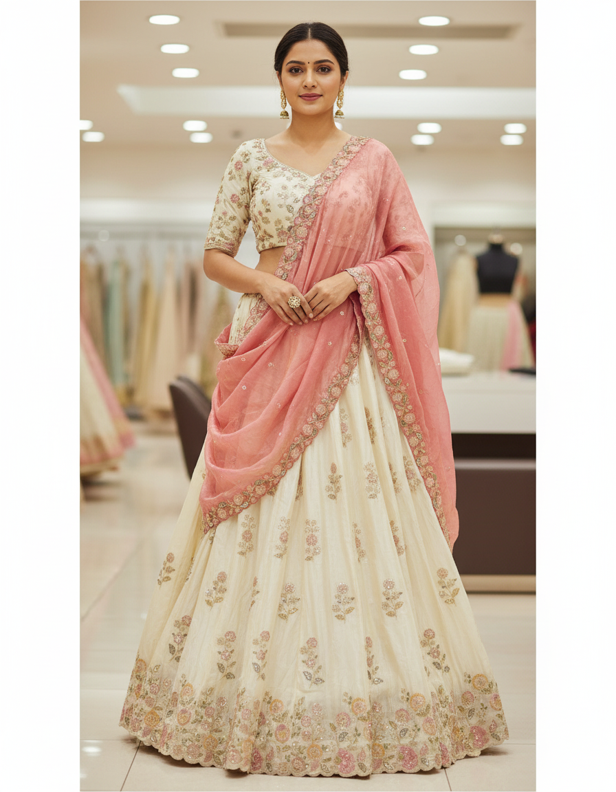 Cream Floral Lehenga with Scalloped Rose Dupatta view 8