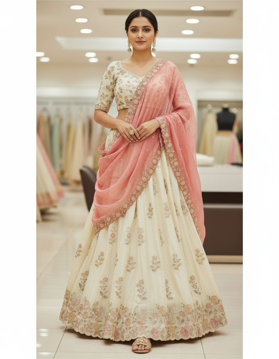 Cream Floral Lehenga with Scalloped Rose Dupatta view 6