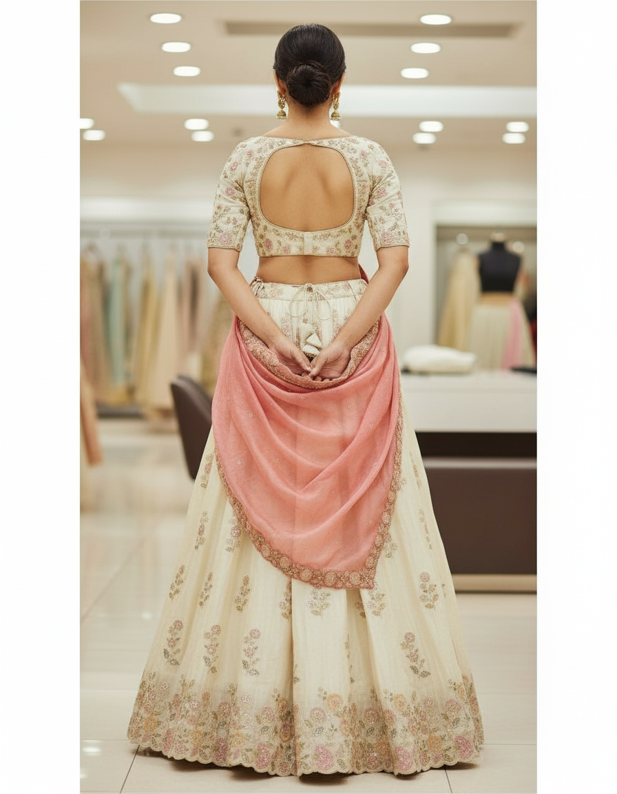 Cream Floral Lehenga with Scalloped Rose Dupatta view 4