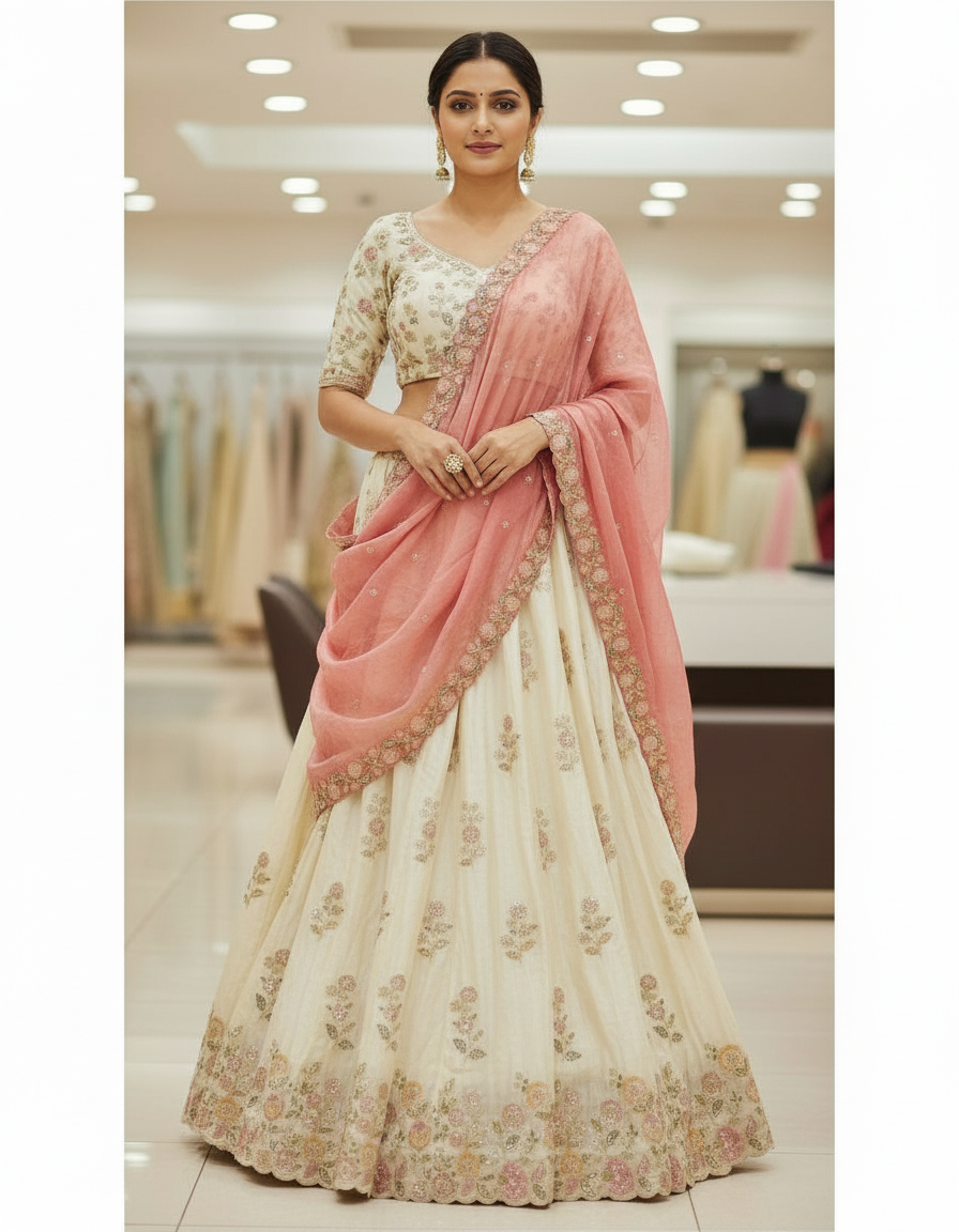Cream Floral Lehenga with Scalloped Rose Dupatta