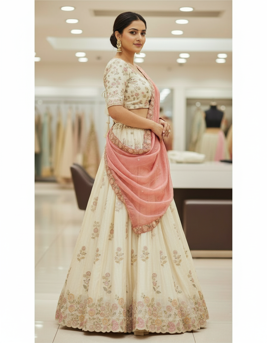 Cream Floral Lehenga with Scalloped Rose Dupatta view 3