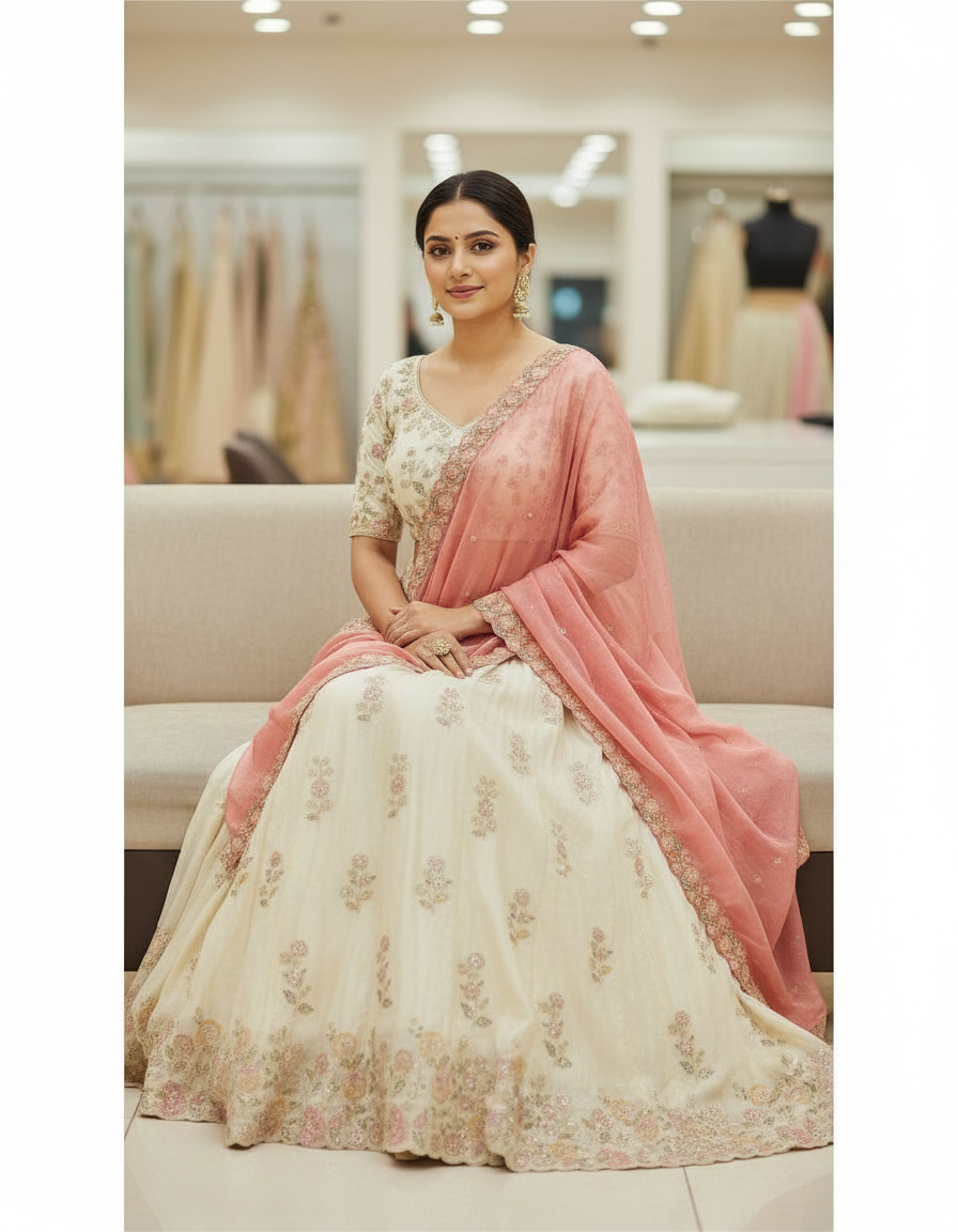 Cream Floral Lehenga with Scalloped Rose Dupatta view 7