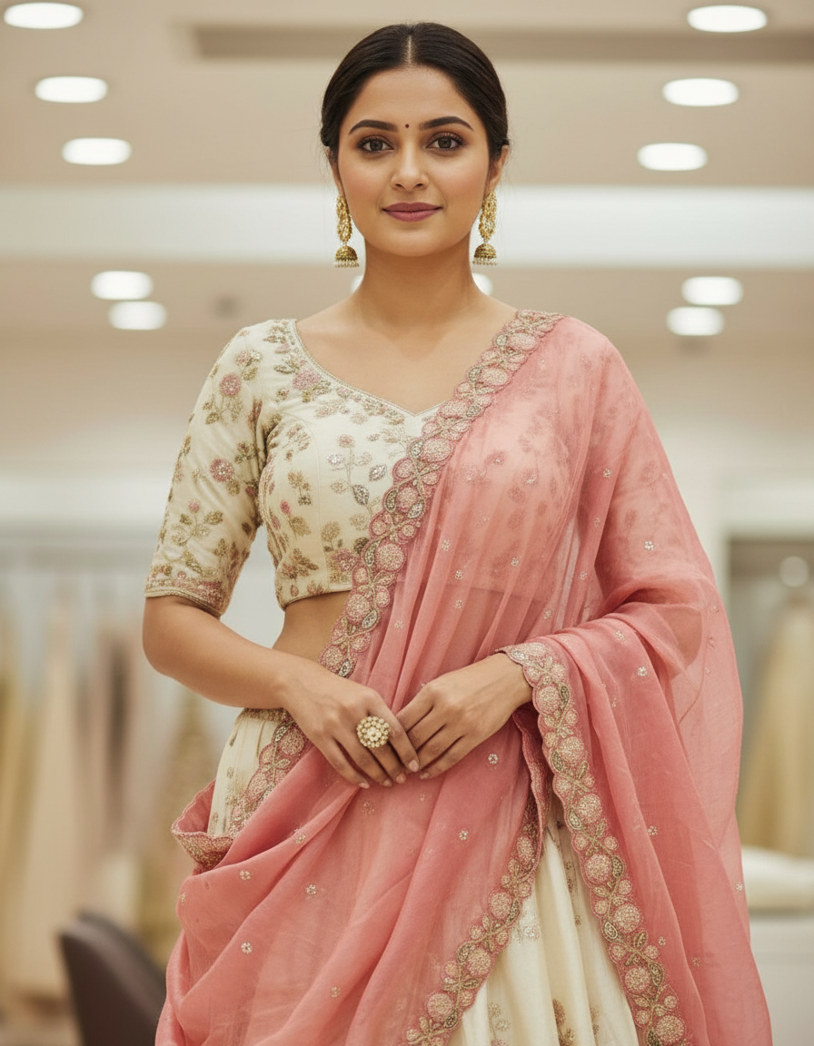 Cream Floral Lehenga with Scalloped Rose Dupatta view 5
