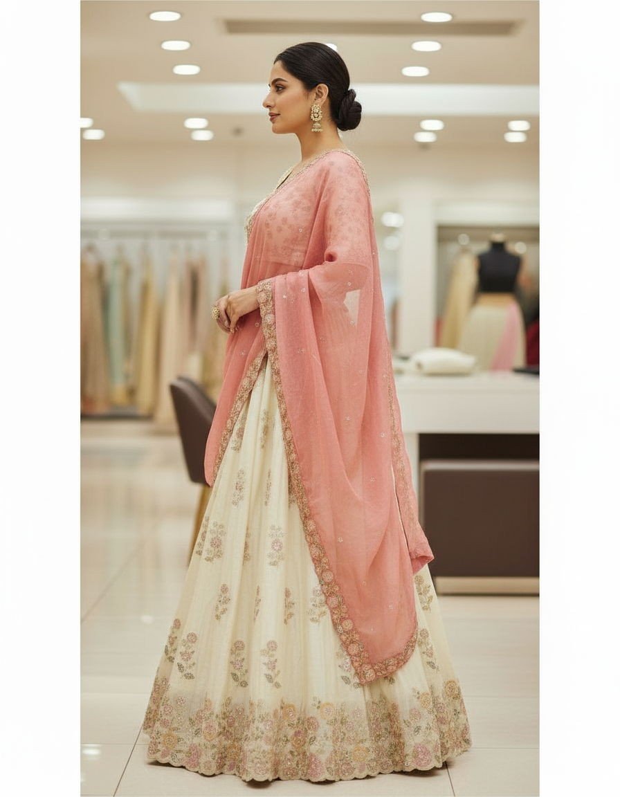 Cream Floral Lehenga with Scalloped Rose Dupatta view 2