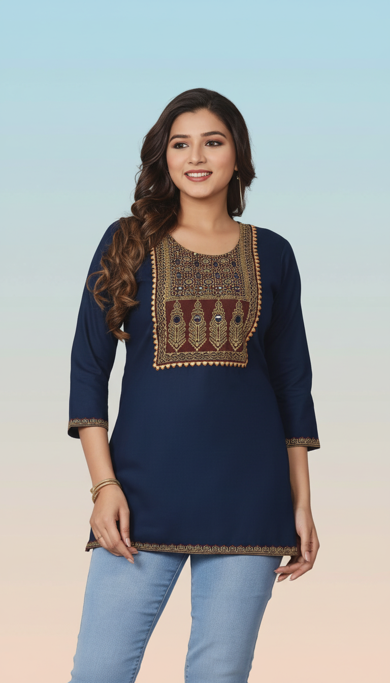 Collared Peplum Kurti with Ivory Geometric Accents view 8