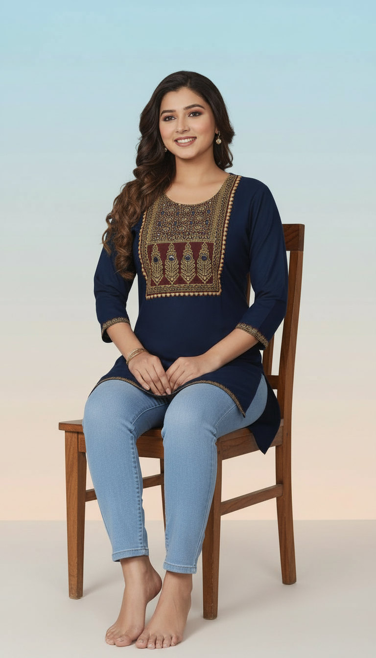 Collared Peplum Kurti with Ivory Geometric Accents view 7