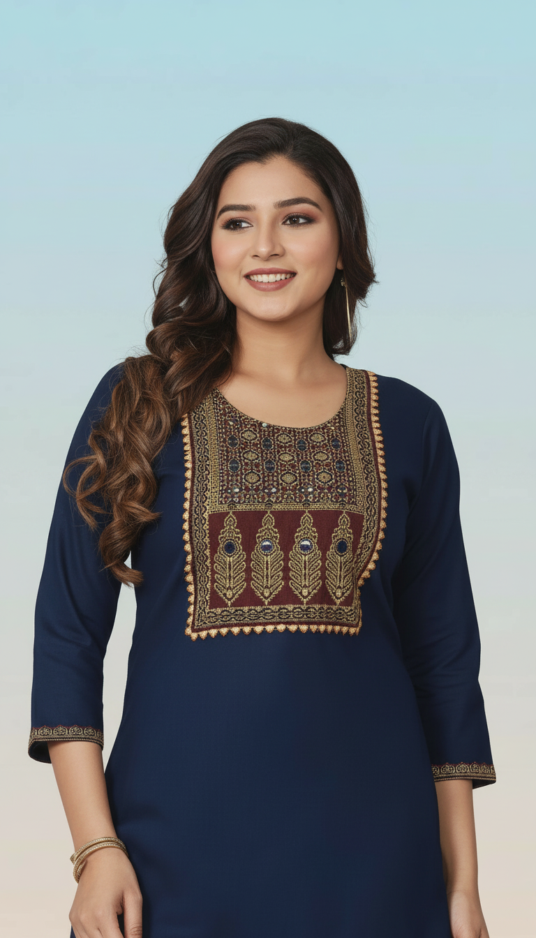 Collared Peplum Kurti with Ivory Geometric Accents view 5