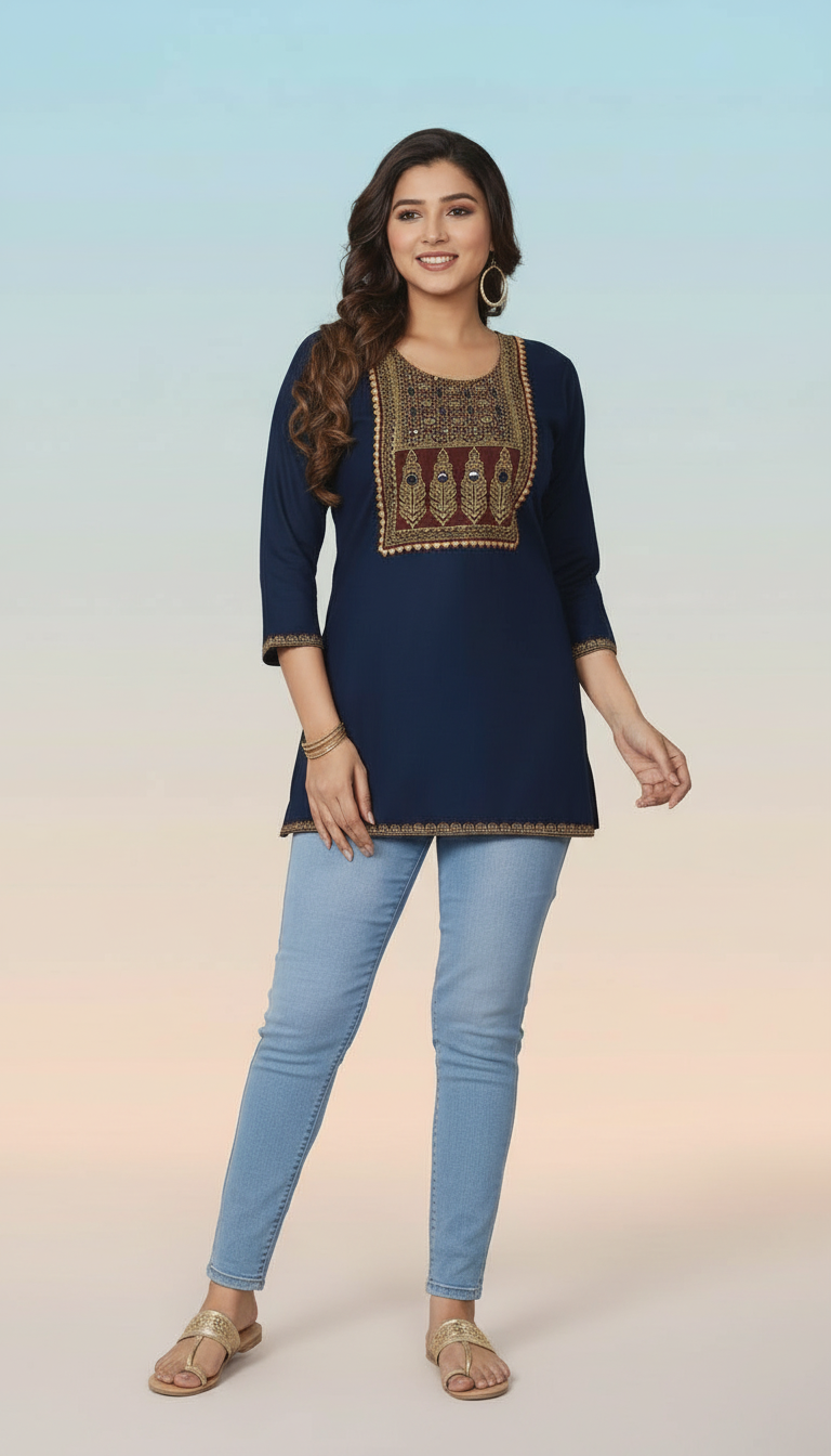 Collared Peplum Kurti with Ivory Geometric Accents view 6