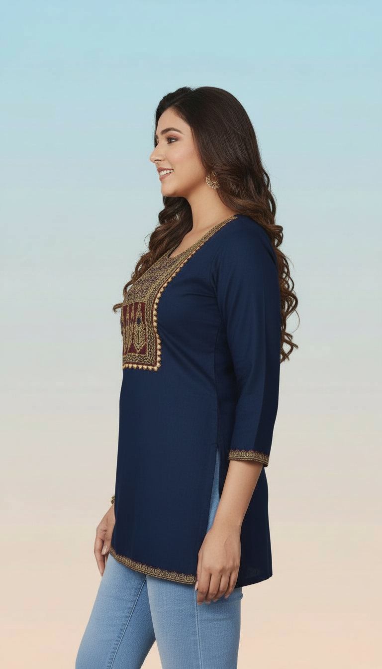 Collared Peplum Kurti with Ivory Geometric Accents view 2