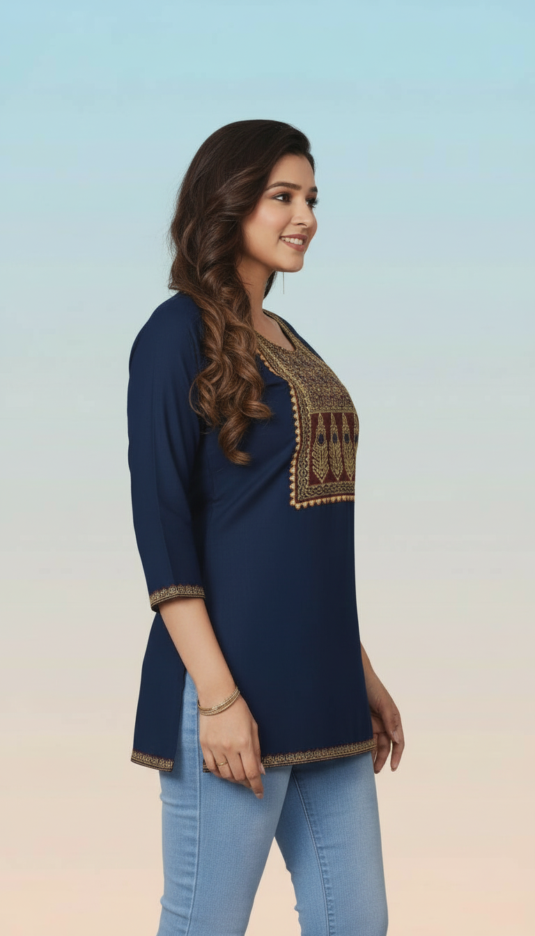 Collared Peplum Kurti with Ivory Geometric Accents view 4