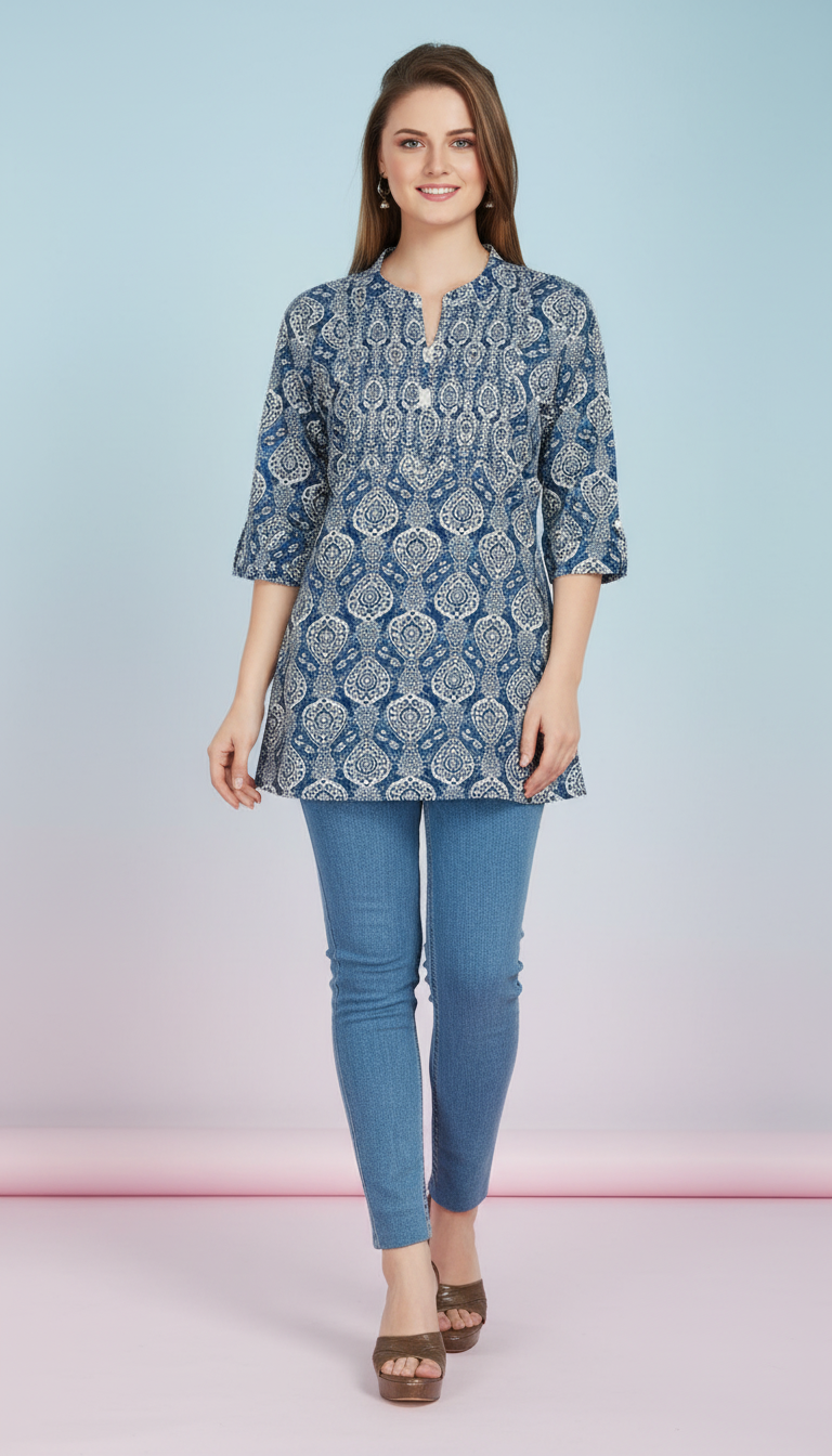 Textured Button-Down Kurti with Floral Hem view 8