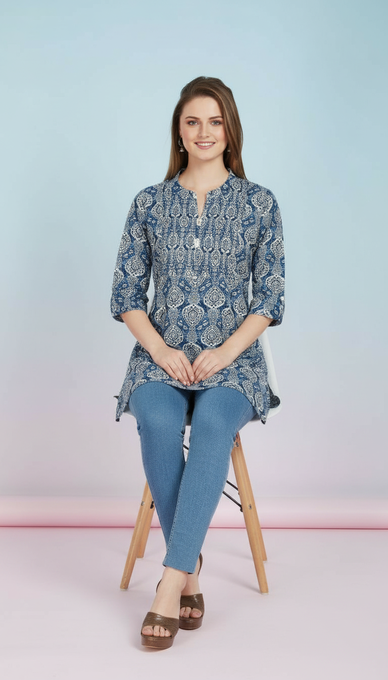 Textured Button-Down Kurti with Floral Hem view 7