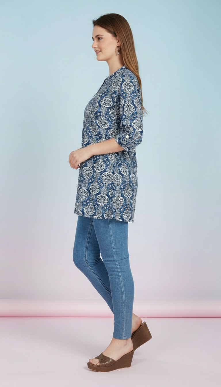 Textured Button-Down Kurti with Floral Hem view 4