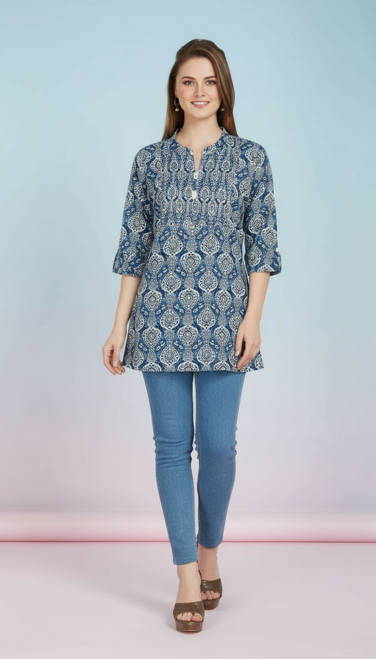 Textured Button-Down Kurti with Floral Hem view 6