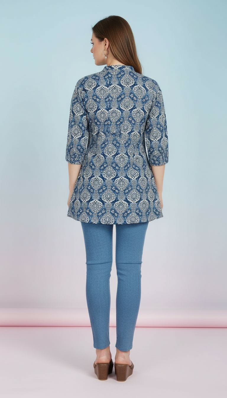 Textured Button-Down Kurti with Floral Hem view 3