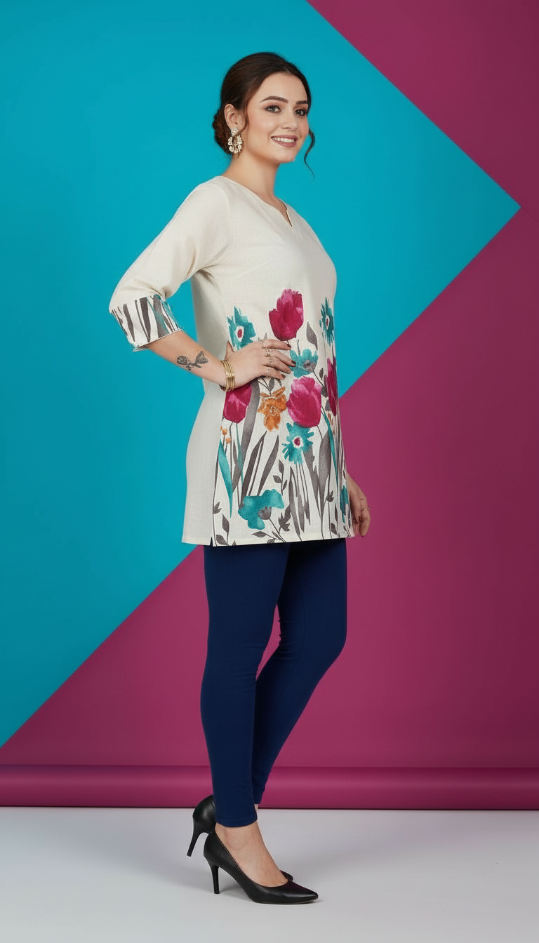 Kurti with Multicolored Botanical Embroidery view 4