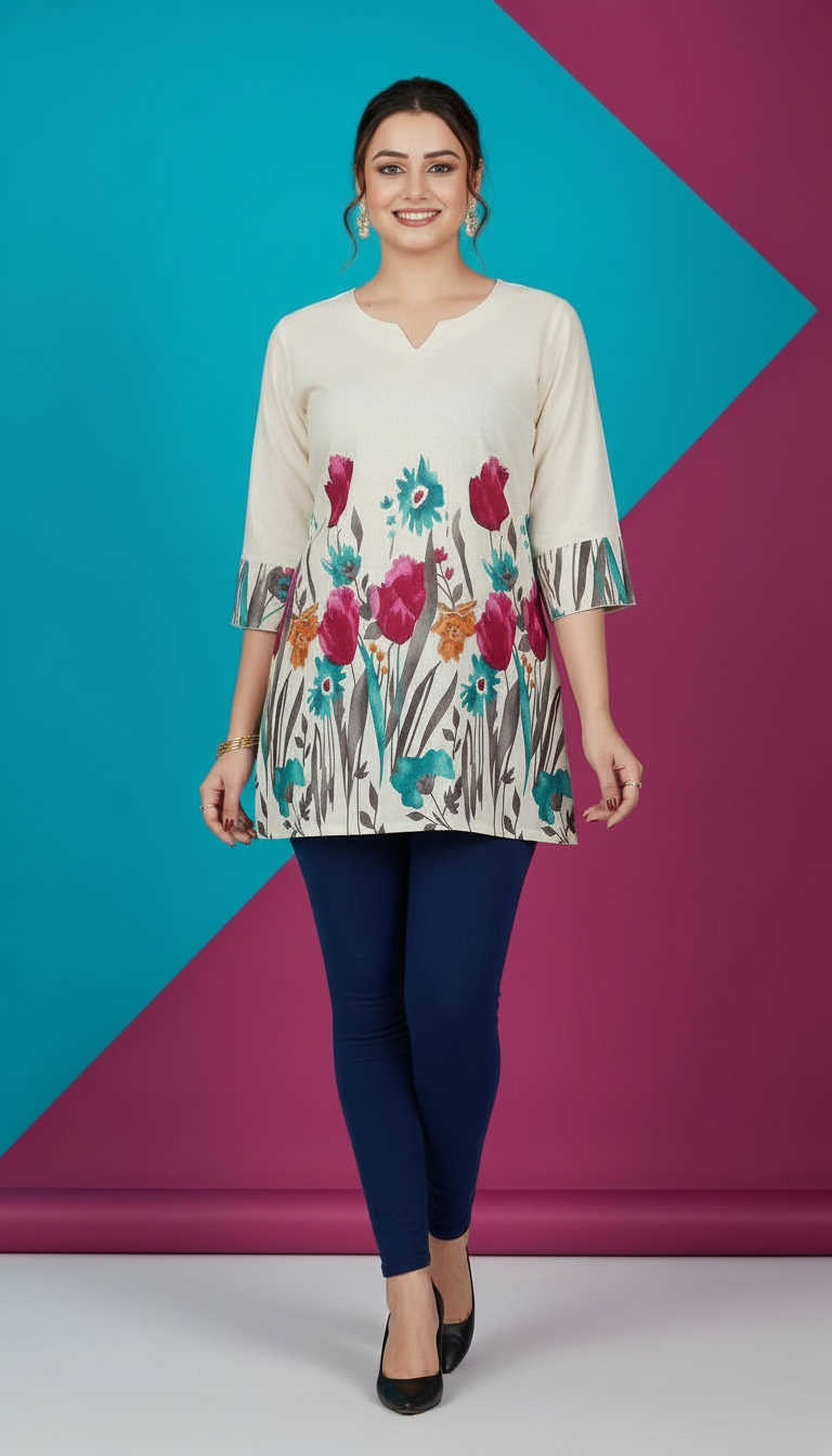 Kurti with Multicolored Botanical Embroidery