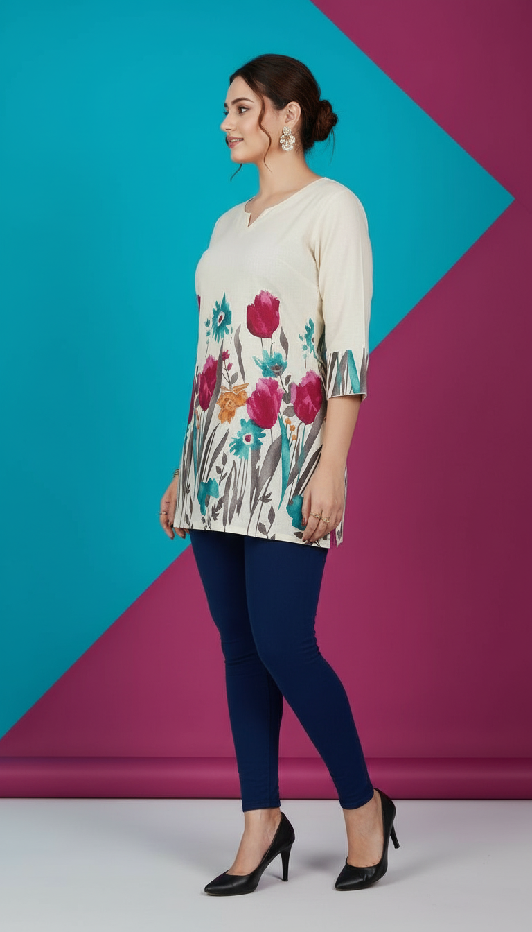 Kurti with Multicolored Botanical Embroidery view 2
