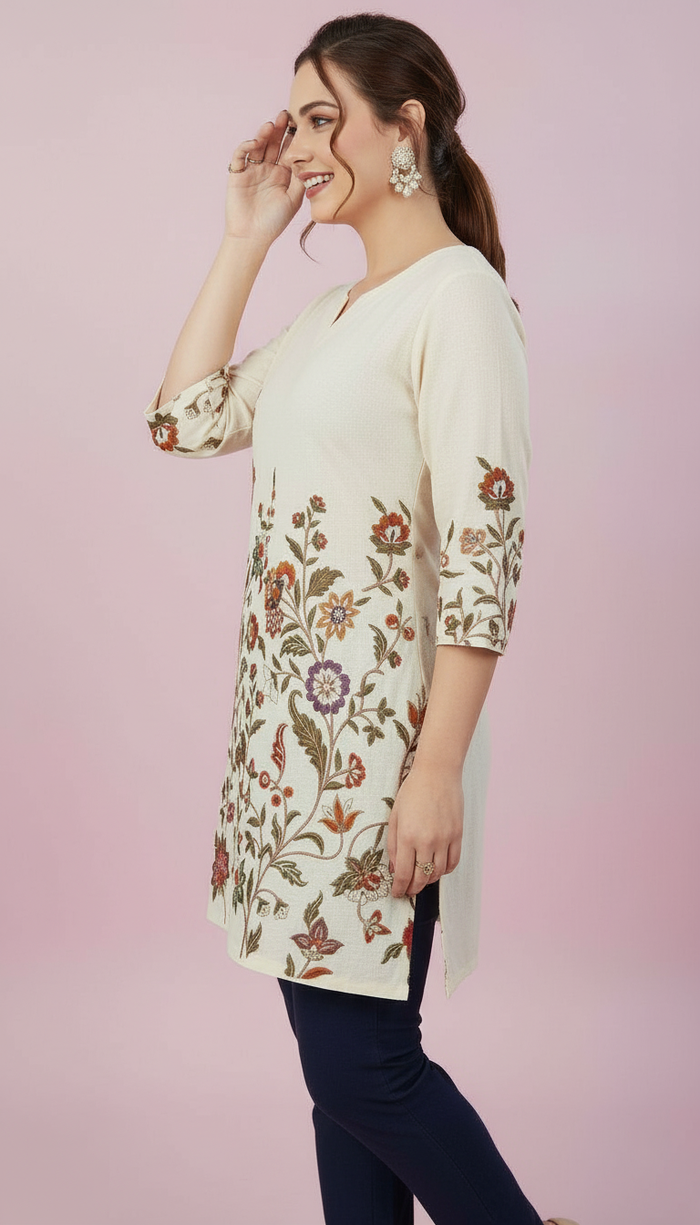Cream A-Line Kurti with Multicolored Botanical Embroidery view 4